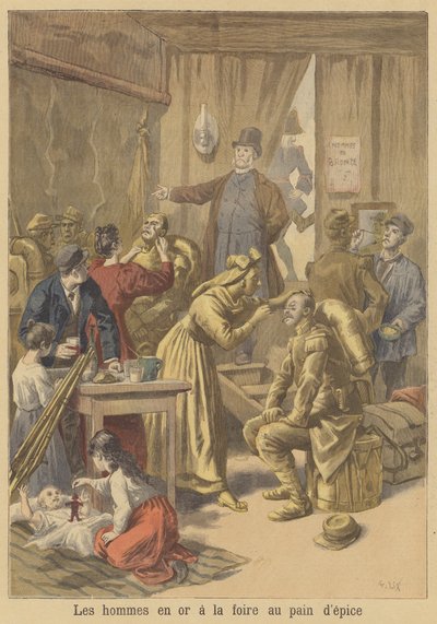 Män som målas guld inför påskpepparkaksmässan av after Frederic Theodore Lix