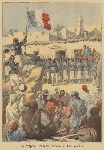 Franska flaggan hissas i Timbuktu av after Frederic Theodore Lix