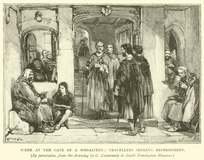 Scen vid porten till ett kloster, resenärer som söker förfriskningar av after George Cattermole