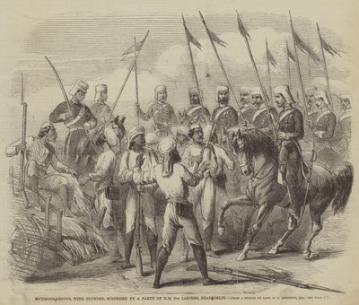 Myteriserande Sepoys, med plundring, överraskad av ett parti av HM 9th Lancers, nära Delhi av after George Francklin Atkinson