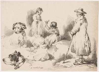 Studier av barn (två små flickor); Två hundar; En man av after George Morland