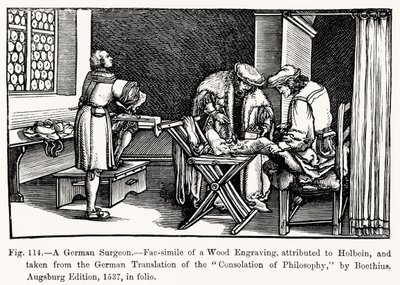 En tysk kirurg, från Consolation of Philosophy av Boethius, illustration från vetenskap och litteratur under medeltiden och renässansen, skriven och graverad av Paul Lacroix, 1878 (bw ph) av after German School