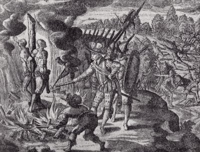 Spanjorernas hämnd för Ayolas död, från Gottfrieds Historia Antipodum, pub. år 1655, från The Romance of the River Plate, Vol. I, av W. H. Koebel, 1914 av after German School