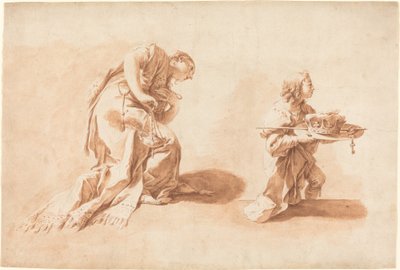 En knästående kvinna med en rökelsebrännare och en sida som håller en krona och spira av after Giovanni Battista Pittoni the younger Anton Kern