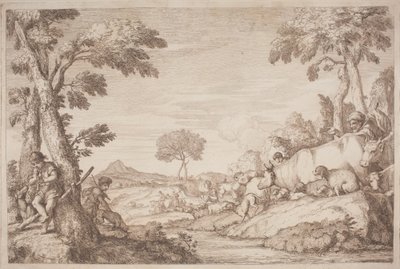 En pastoral resa med en pojke som spelar sin flöjt vid ett träd av after Giovanni Benedetto Castiglione Gaetano Zompini