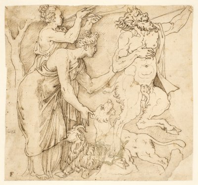 En satyr, två kvinnor, ett lejon och en get av after Giulio Romano