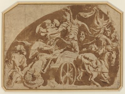 Flight of Meriones, med döda Coeranos som dras från vagnen av after Giulio Romano