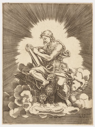 Saint John, skriver, sittande på en örn av after Giulio Romano