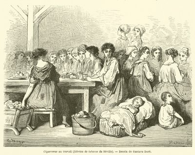 Cigarrer på jobbet, tobaksfabrik i Sevilla av Gustave after Dore