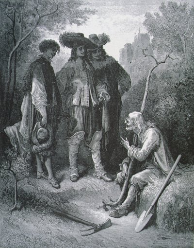 Illustration för The Old Man and the Three Young Men, från Fables av Jean de La Fontaine (1621-95) av Gustave after Dore