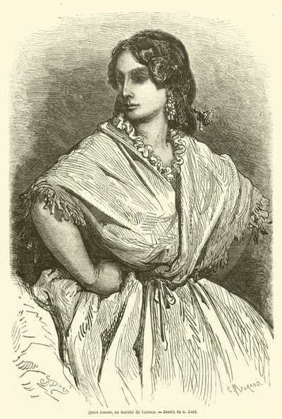 Ung kvinna på Valencia-marknaden av Gustave after Dore