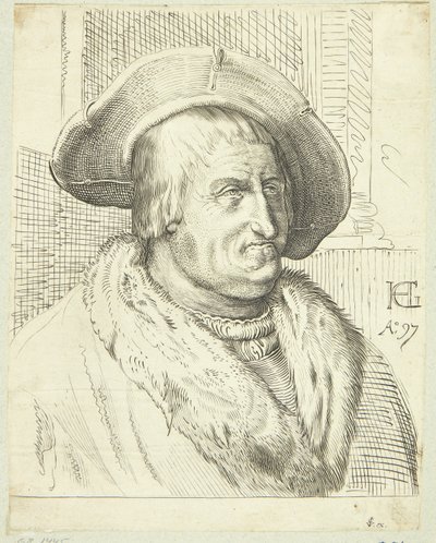 Fantasy porträtt av gammal man med hatt av after Hendrick Goltzius
