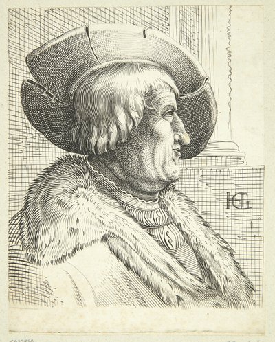 Fantasy porträtt av gammal man med hatt i profil av after Hendrick Goltzius