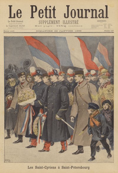 Franska arméofficerskadetter från Saint-Cyr militärakademin på besök i St Petersburg av after Henri Meyer