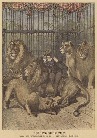 Grevinnan av X och hennes lejon vid Folies-Bergere av after Henri Meyer