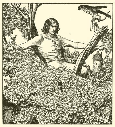 Sir Launcelot klättrar för att fånga damfalken av after Howard Pyle