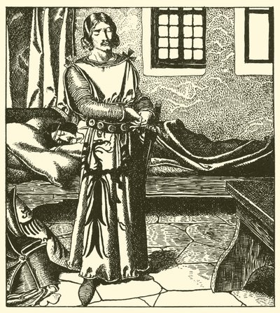 Sir Launcelot tar Sir Kays rustning av after Howard Pyle