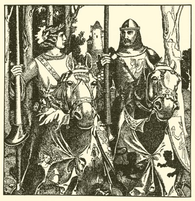 Sir Percival och Sir Lamorack rider tillsammans av after Howard Pyle