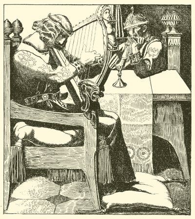 Sir Tristram harpet inför kung Mark av after Howard Pyle