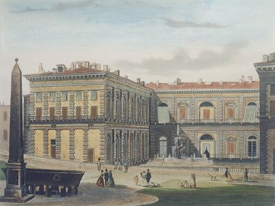 Innergård i Palazzo Pitti, Florens, graverad av Johann Falkeisen (1804-83) och färglagd av L. Cherbuin, ca 1842 (akvatint) av after Italian School