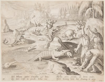 Krokodiljakt av after Jan van der Straet, called Stradanus