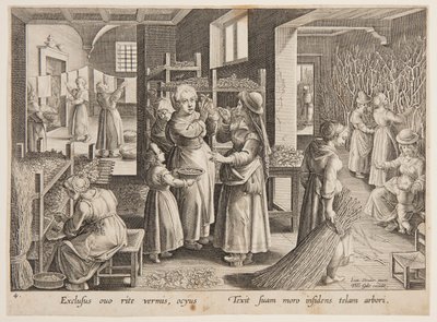 Mata mullbärsblad till silkesmaskarna av after Jan van der Straet, called Stradanus