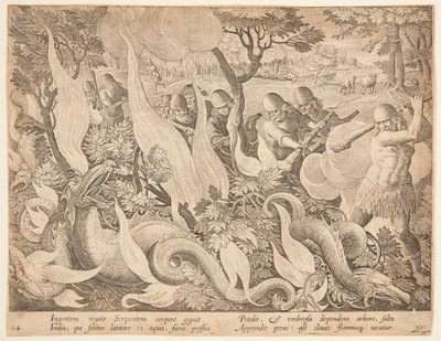 Bekämpa ormar med eld av after Jan van der Straet, called Stradanus