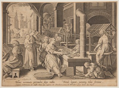 Varva ner sidenkokongerna av after Jan van der Straet, called Stradanus