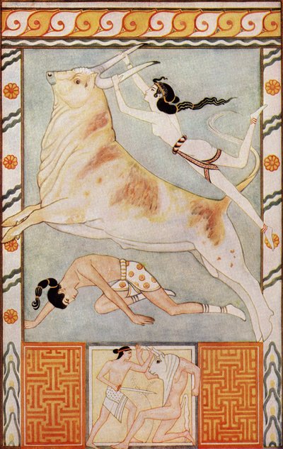 The Bull Baiters, illustration från "Myths of Crete and Pre-Helenic Europe" av Donald A. Mackenzie, publicerad 1917 av after John Duncan