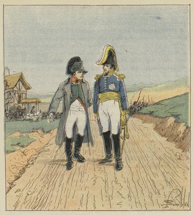 På väg till ön Elba möter Napoleon Augereau av after Louis Charles Bombled
