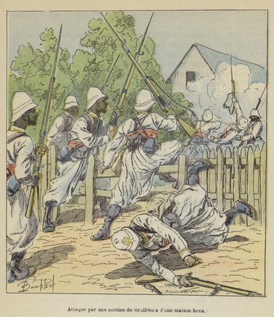 Attack av en del skärmytslingar på ett hovahus av after Louis Charles Bombled