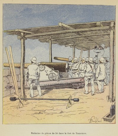 Batterier om 14 stycken i fortet Tamatave av after Louis Charles Bombled