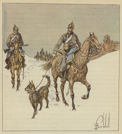 Preussiska ryttare i spaning, föregås av hundar hållna i koppel av after Louis Charles Bombled