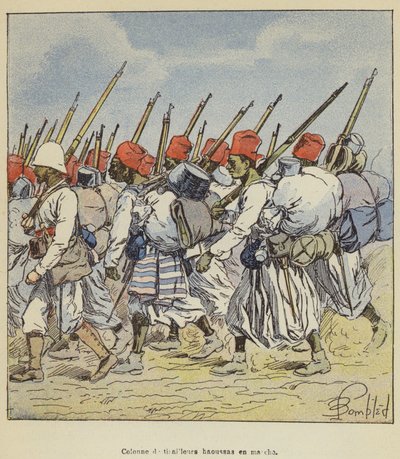Kolumn av Hausa skärmytslingar på marschen av after Louis Charles Bombled