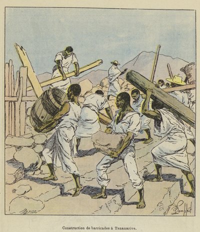 Byggande av barrikader i Tananarive av after Louis Charles Bombled