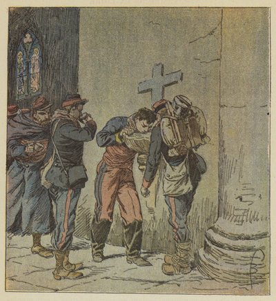 I kyrkan i Villiers delar franska fångar som dör av törst innehållet i en stoup av after Louis Charles Bombled