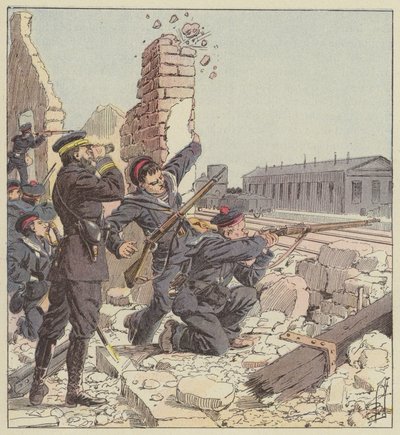 Försvar av Tien-Tsin-stationen av marinsoldater av after Louis Charles Bombled