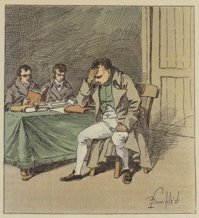 Och Napoleon förblev tyst några ögonblick med huvudet vilande på ena handen. av after Louis Charles Bombled
