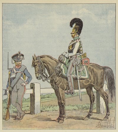 Preussiskt linjeinfanteri (42:a reg) och preussisk kurassier (1806) av after Louis Charles Bombled