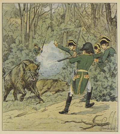 Kejsaren jagar vildsvin i skogen Marly av after Louis Charles Bombled