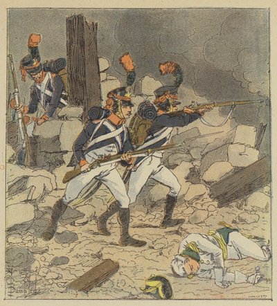 Kejsaren skickade sin vakts skärmytslingar till Aspern av after Louis Charles Bombled