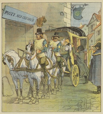 Kejsaren sätter sig i Marie-Louises bil av after Louis Charles Bombled