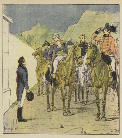 Amiral Taylor, med en stor stab, presenterar sig i Longwood för att träffa kejsaren av after Louis Charles Bombled