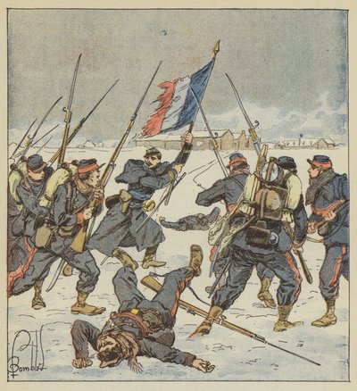 Kapten Couturie, från Mobiles de la Sarthe, sjösätter, flaggan i hand, för att attackera Mee av after Louis Charles Bombled