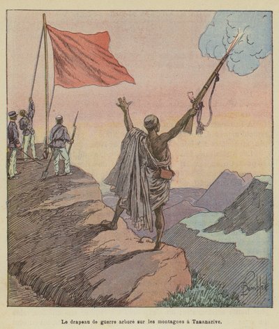 Krigsflaggan vajar över bergen i Tananarive av after Louis Charles Bombled