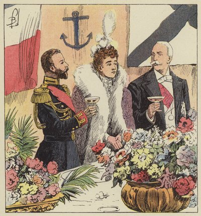 Tsar Nicolas II proklamerar den fransk-ryska alliansen ombord på Pothuau av after Louis Charles Bombled