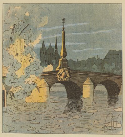 Preussarna spränger Bloisbrons gångbron för att undkomma vår jakt. av after Louis Charles Bombled