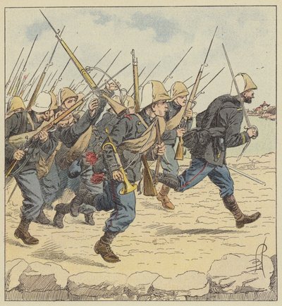 Marint infanteri på vägbanan Tien-Tsin av after Louis Charles Bombled