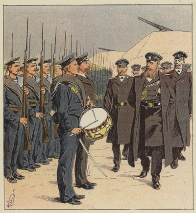 Ryska sjömän under inspektion i Port Arthur av after Louis Charles Bombled