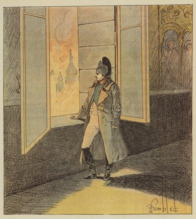 Napoleon överväger lincendie av Moskva av after Louis Charles Bombled